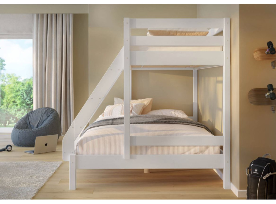 Detská poschodová posteľ z masívu s rozšíreným spodným lôžkom KUBA - 200x90/140 cm - biela
