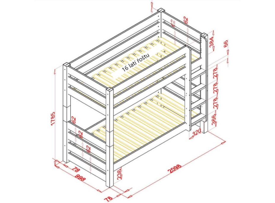 Dětská patrová postel z masivu borovice HONZA - 200x90 cm - přírodní