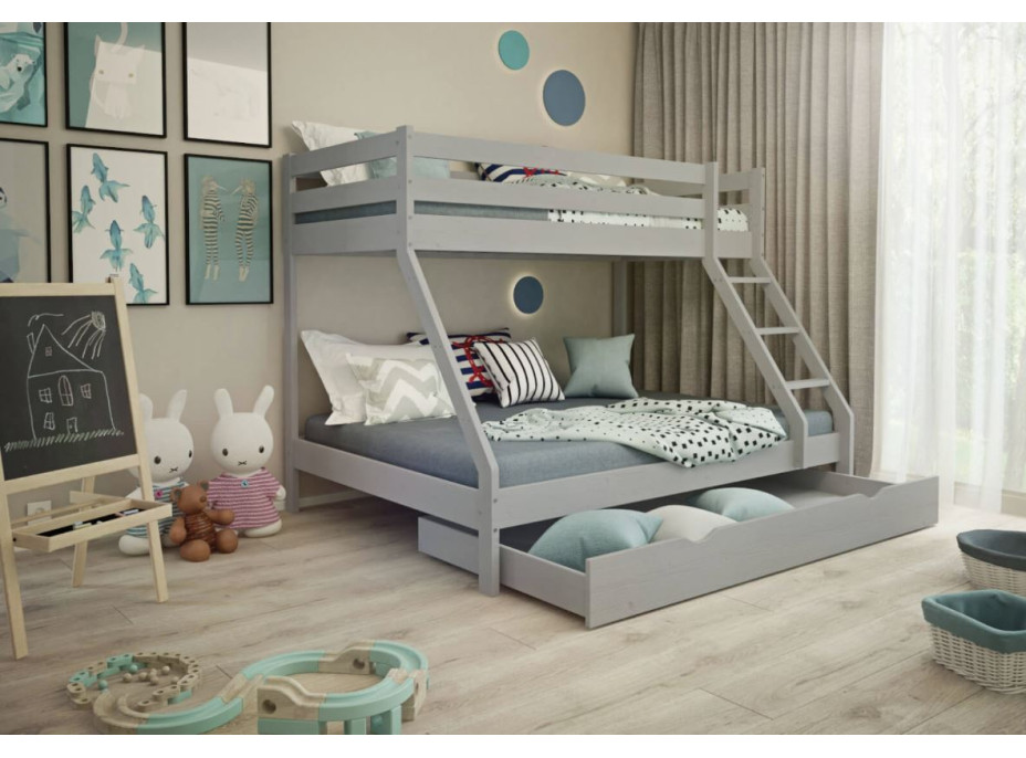 Detská poschodová posteľ z masívu s rozšíreným spodným lôžkom DENIS - 200x90/140 cm - šedá