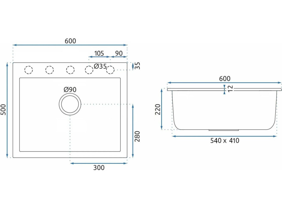 Kuchynský granitový drez REA WEST XL - 60 x 50 cm - metalický čierny