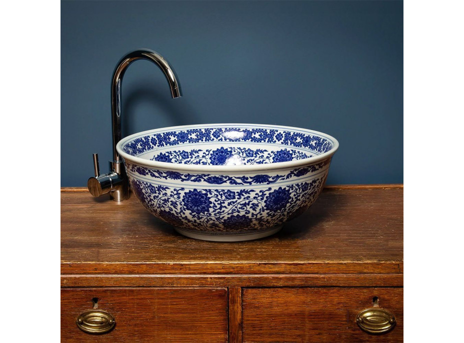 Keramické umývadlo Rea BELLA - biele / modré - vzor mandala