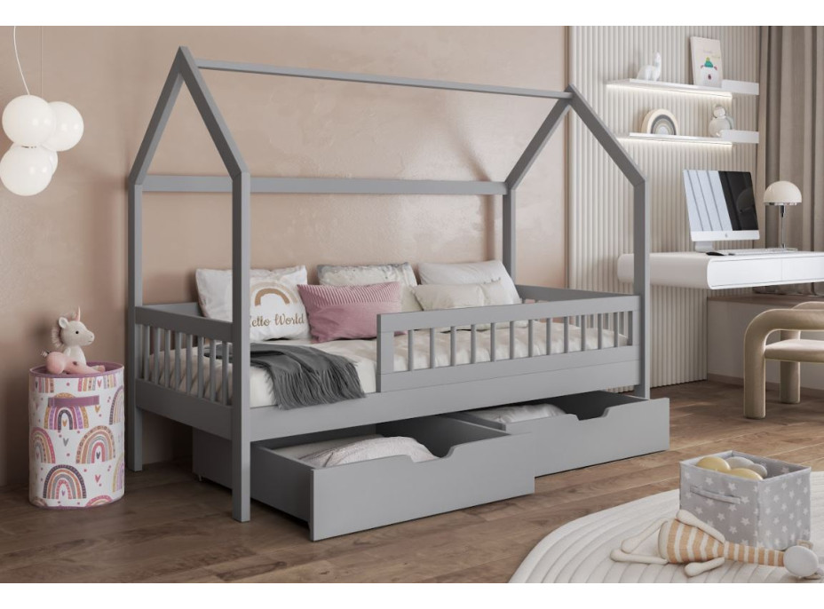 Detská domčeková posteľ z masívu borovice GAJA so šuplíkmi - 200x90 cm - šedá