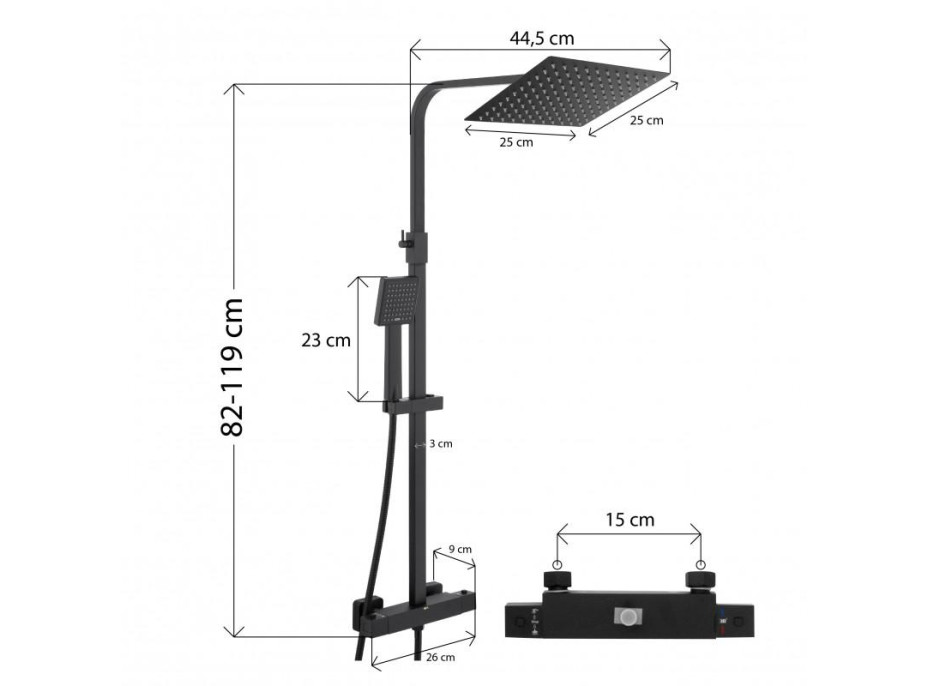 Sprchová súprava GABI s termostatickou batériou - 25x25 cm - čierna matná