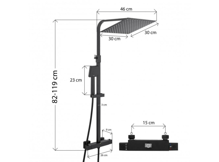 Sprchová súprava GABI s termostatickou batériou - 30x30 cm - čierna matná