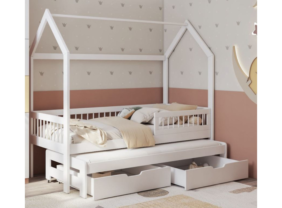 Detská domčeková posteľ z masívu borovice ASHER so šuplíkmi a prístelkou - 180x80 cm - biela