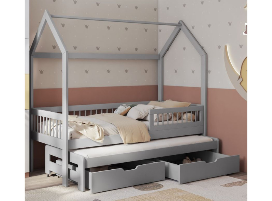 Detská domčeková posteľ z masívu borovice ASHER so šuplíkmi a prístelkou - 180x80 cm - šedá