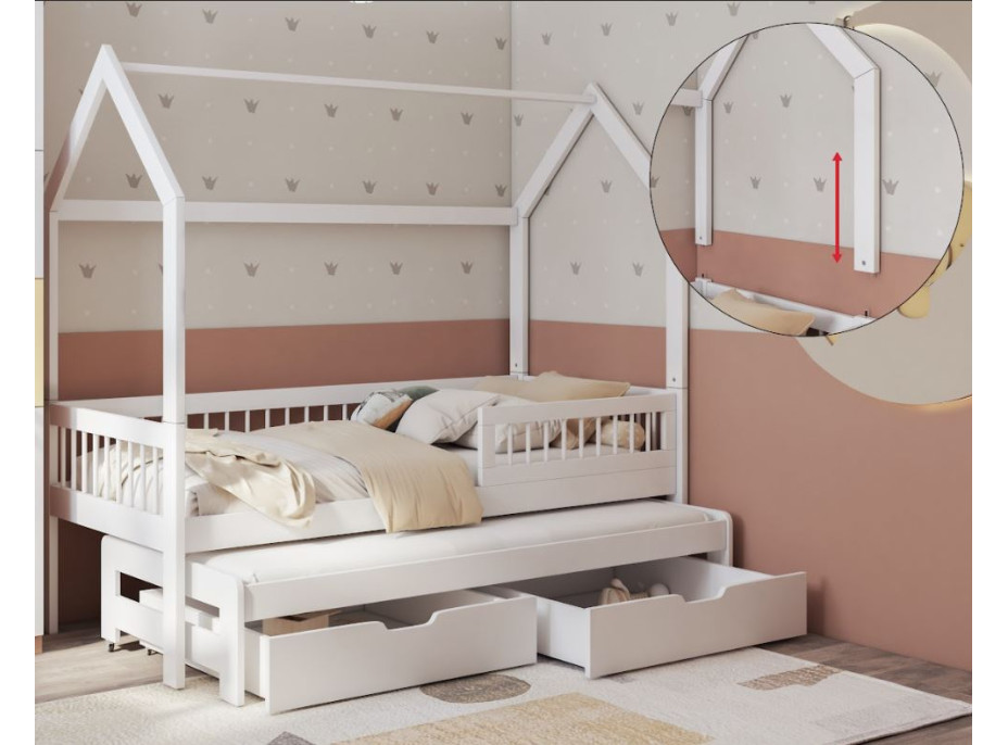 Detská domčeková posteľ z masívu borovice ASHER II so šuplíkmi a prístelkou - 180x80 cm - biela