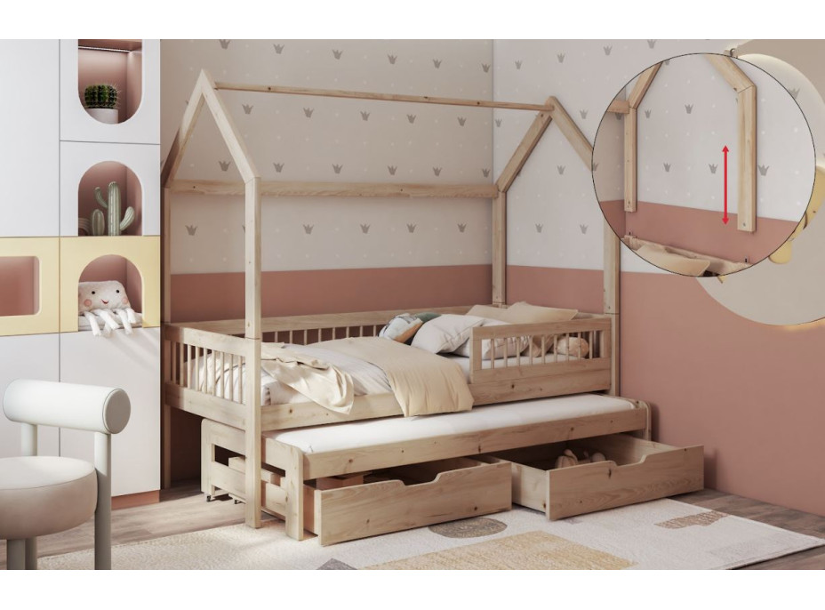 Detská domčeková posteľ z masívu borovice ASHER II so šuplíkmi a prístelkou - 180x80 cm - prírodná borovica