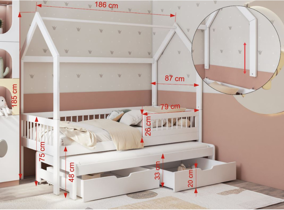 Detská domčeková posteľ z masívu borovice ASHER II so šuplíkmi a prístelkou - 180x80 cm - biela