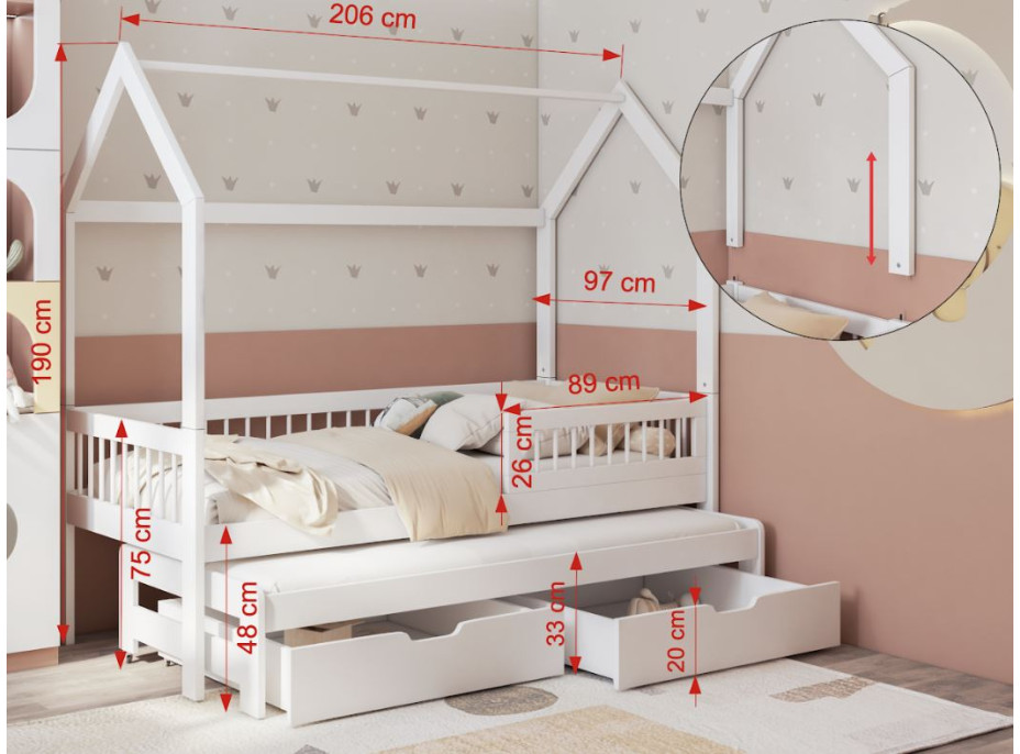 Detská domčeková posteľ z masívu borovice ASHER II so šuplíkmi a prístelkou - 200x90 cm - prírodná borovica