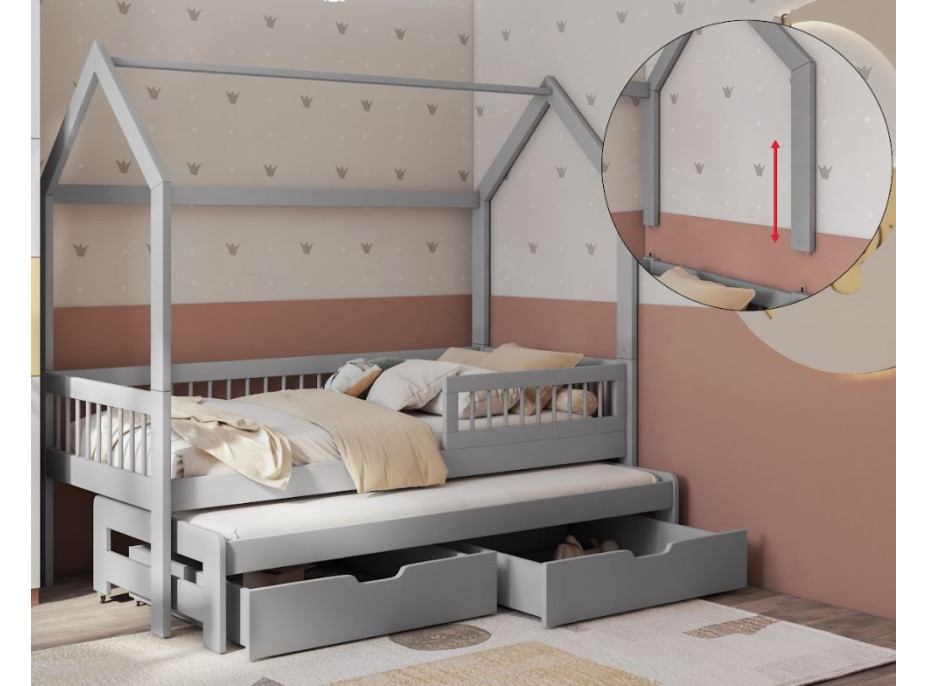 Detská domčeková posteľ z masívu borovice ASHER II so šuplíkmi a prístelkou - 180x80 cm - šedá