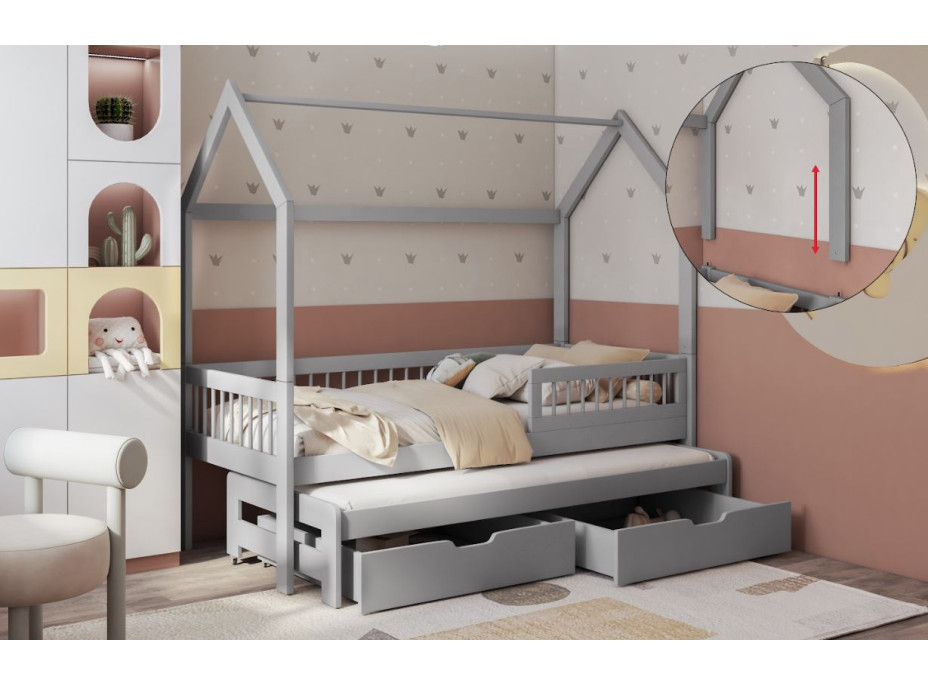 Detská domčeková posteľ z masívu borovice ASHER II so šuplíkmi a prístelkou - 200x90 cm - šedá