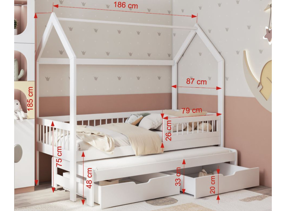 Detská domčeková posteľ z masívu borovice ASHER so šuplíkmi a prístelkou - 180x80 cm - biela