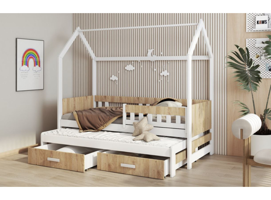 Detská domčeková posteľ z masívu borovice JASPER so šuplíkmi a prístelkou - 180x80 cm - biela/dub shetland
