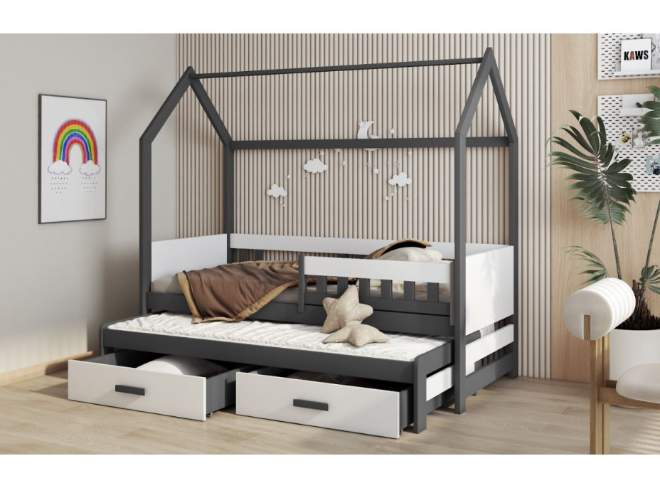 Detská domčeková posteľ z masívu borovice JASPER so šuplíkmi a prístelkou - 180x80 cm - grafit/biela