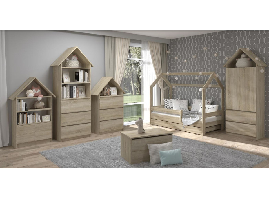 Detská domčeková posteľ s prístelkou LITTLE HOUSE - dub sonoma - 180x80 cm