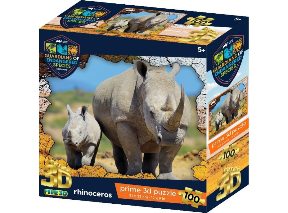 PRIME 3D Puzzle Animal planét: Ohrozené druhy - Nosorožec 3D 100 dielikov