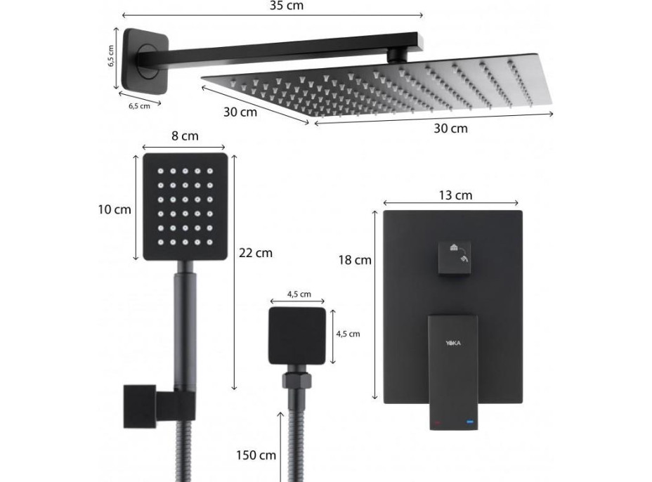 Sprchová podomietková súprava KOYA - čierna - hlavica 30x30 cm