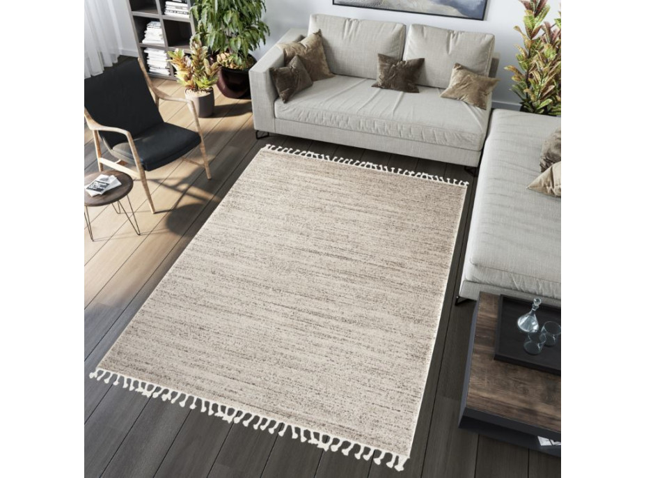 Kusový koberec so strapcami SARI Mono - krémový/hnedý