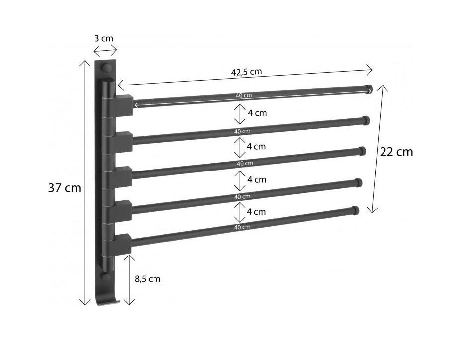 Nástenný vešiak na uteráky AMY - 5 ramenný - čierny matný