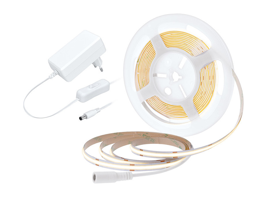 LED COB opasok, sada s adaptérom, vypínač, 5m, 8W/m, 800lm/m, teplá biela