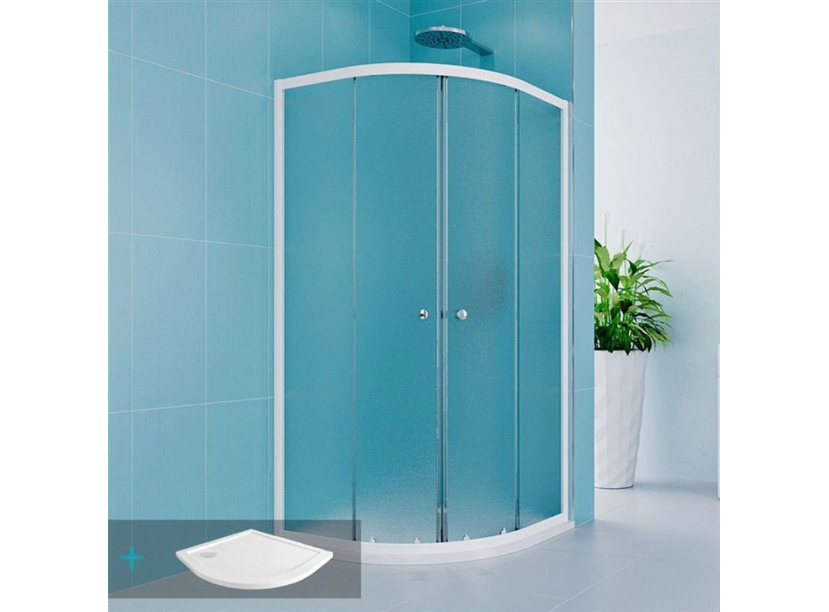 Štvrťkruhový sprchovací kút Kora Lite 90x90 cm - biely ALU/sklo Grape + nízka SMC vanička