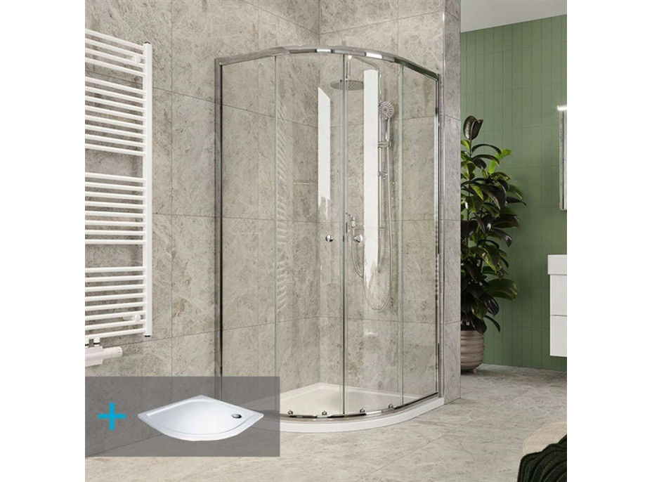 Štvrťkruhový sprchovací kút Kora Lite 90x90 cm - chróm ALU/sklo Číre + vanička z liateho mramoru