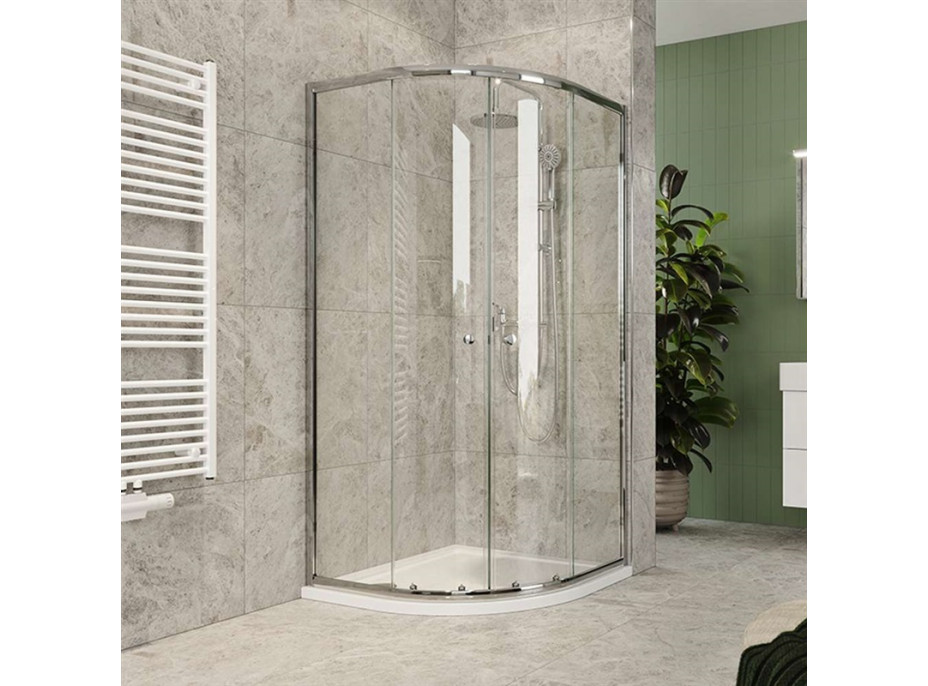 Štvrťkruhový sprchovací kút Kora Lite 80x80 cm - chróm ALU/sklo Číre + vanička z liateho mramoru