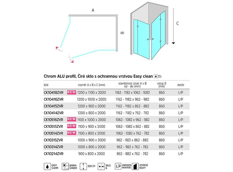 Obdĺžnikový sprchovací kút NOVEA DUO - chróm ALU/sklo Číre - rohový vstup