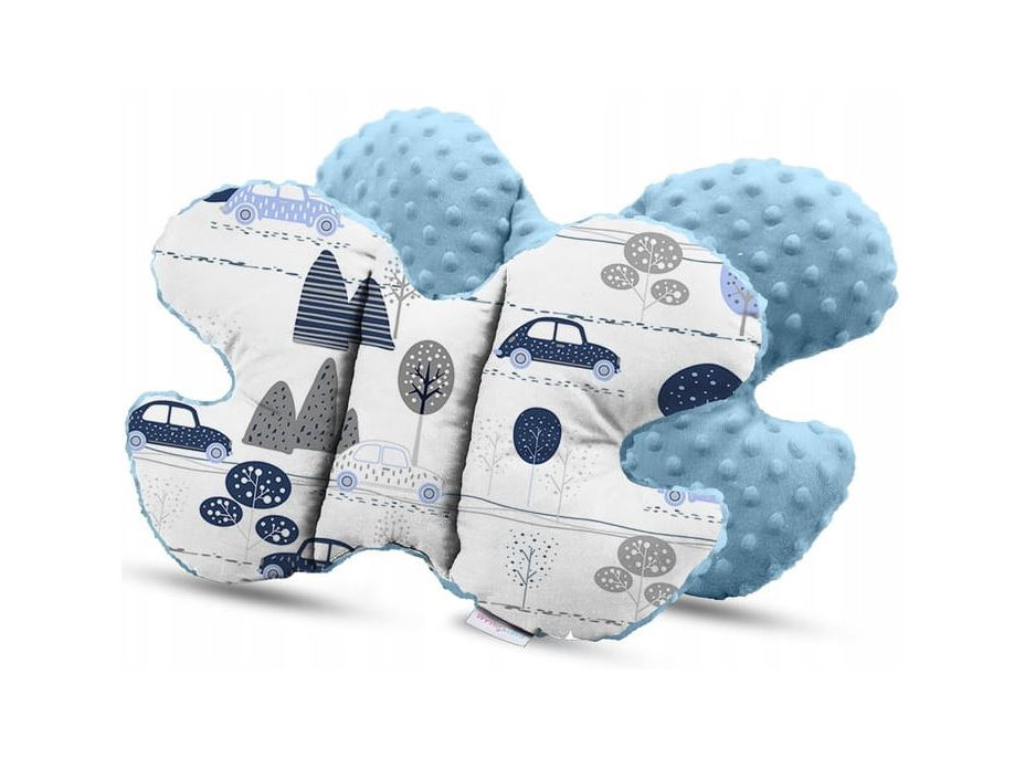 Detská deka do kočíka s vankúšikom a motýlikom - BABYMAM PREMIUM set 3v1 - Retro autíčka so svetlo modrou minky
