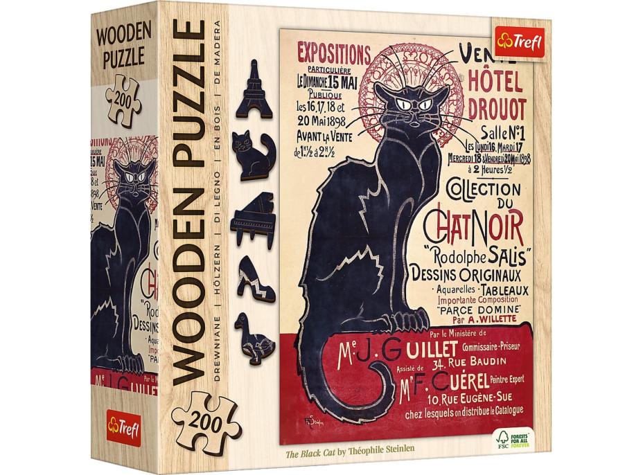 TREFL Drevené puzzle Art: Steinlen - Čierna mačka, Le Chat Noir 200 dielikov