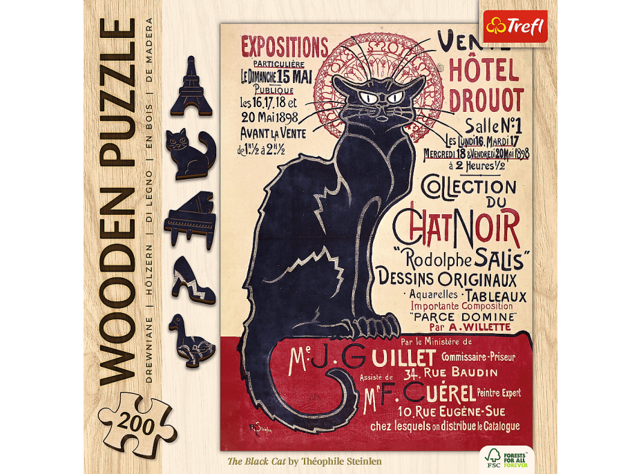 TREFL Drevené puzzle Art: Steinlen - Čierna mačka, Le Chat Noir 200 dielikov