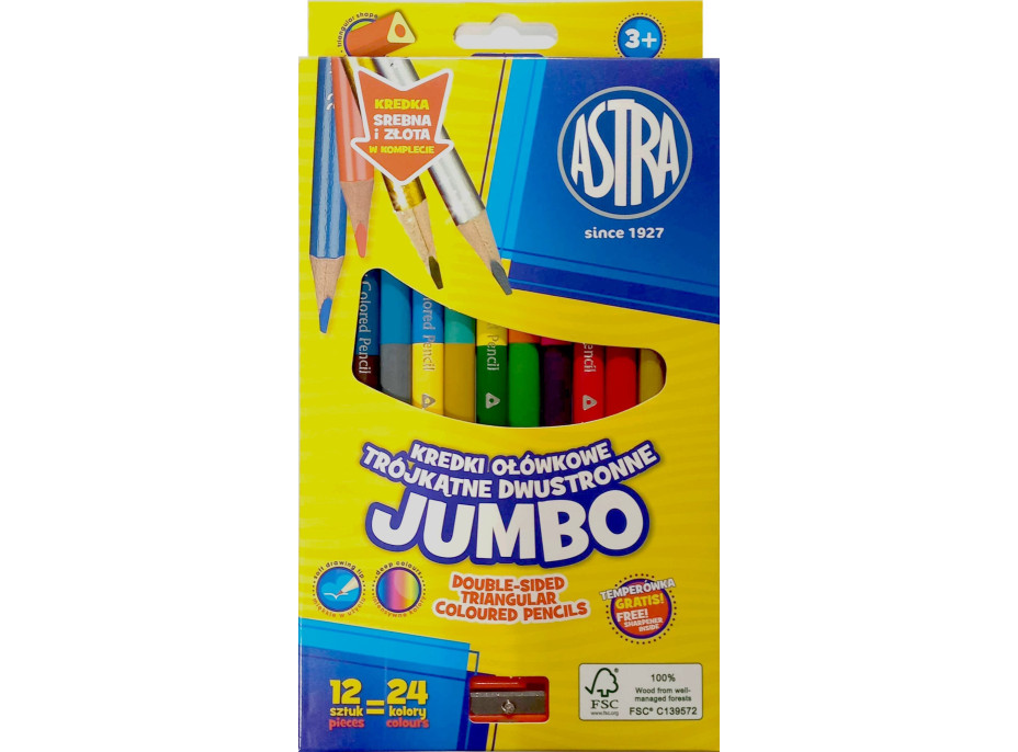 ASTRA Trojhranné obojstranné pastelky JUMBO 12 ks, 24 farieb (vrátane zlatej a striebornej)