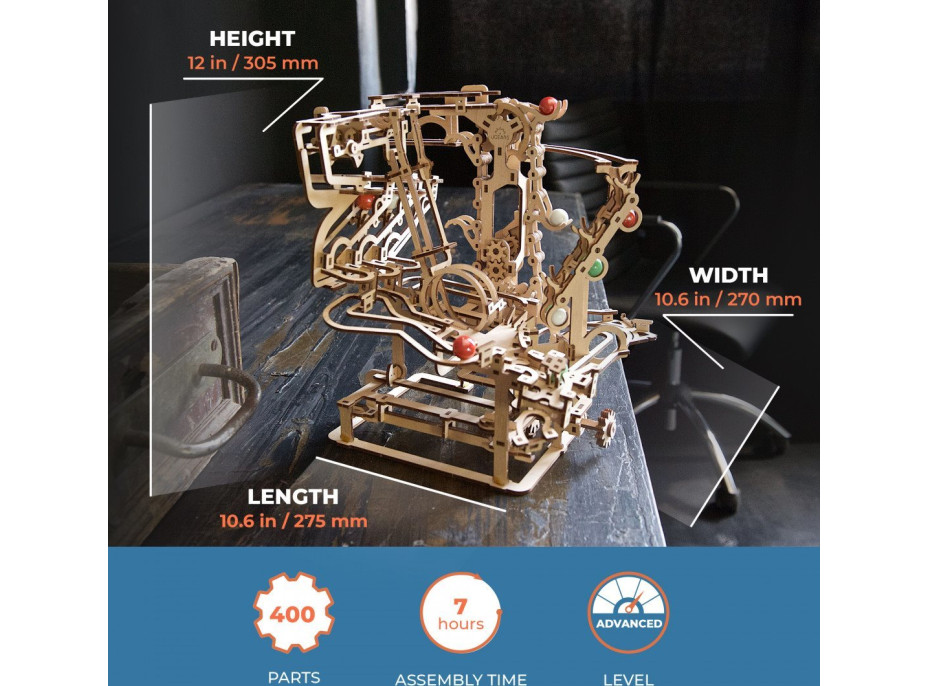 UGEARS 3D puzzle Guľôčková dráha Marble Run: Chain Hoist 400 dielikov