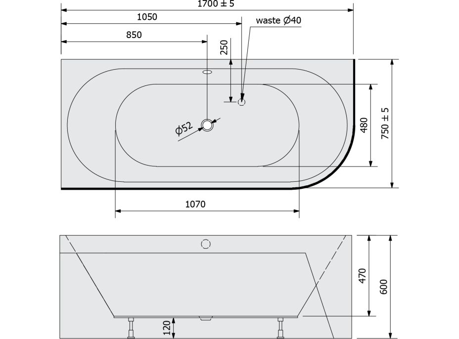 Polysan VIVA L MONOLITH asymetrická vaňa 170x75x60cm, biela 70119M