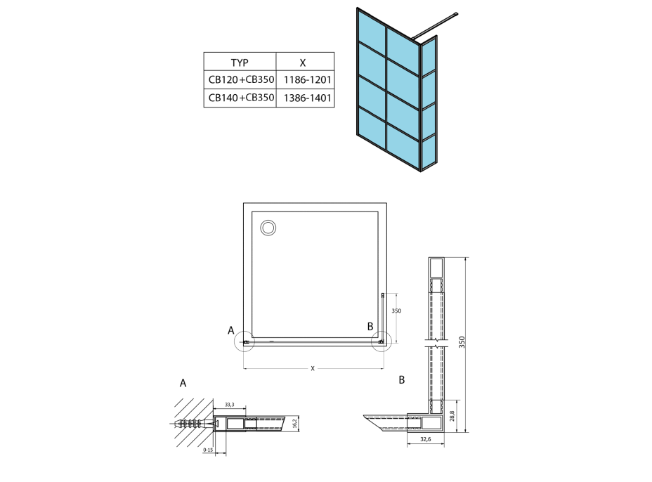 Gelco CURE BLACK prídavný panel 350mm, číre sklo CB350