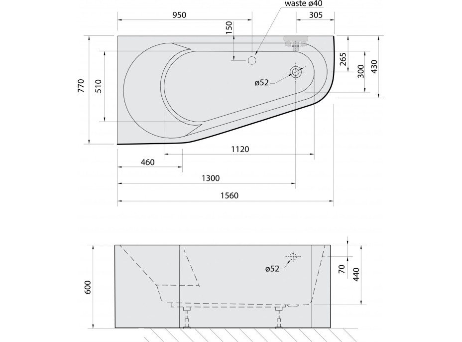 Polysan PROJEKTA L MONOLITH asymetrická stojaca vaňa 156x77x60cm, biela/čierna 20111MB