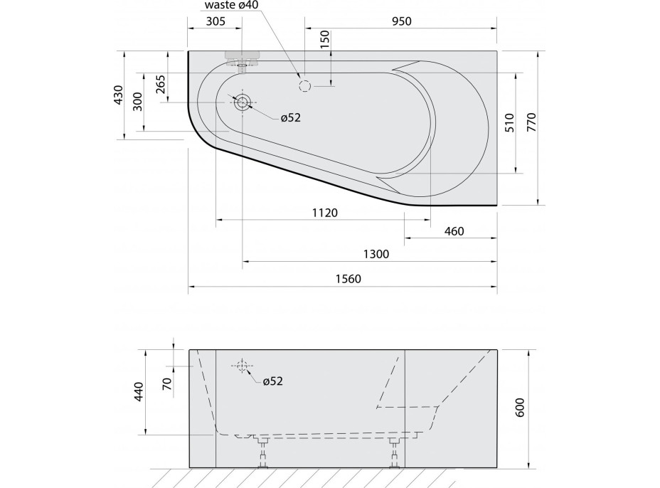 Polysan PROJEKTA R MONOLITH asymetrická stojaca vaňa 156x77x60cm, biela/čierna 21111MB