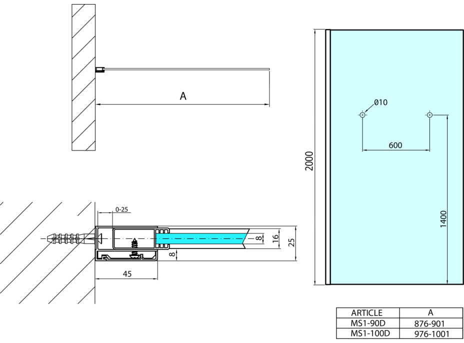 Polysan MODULAR SHOWER jednodielna zástena pevná na inštaláciu na stenu, s otvormi na držiak uterákov, 900 mm MS1-90-D