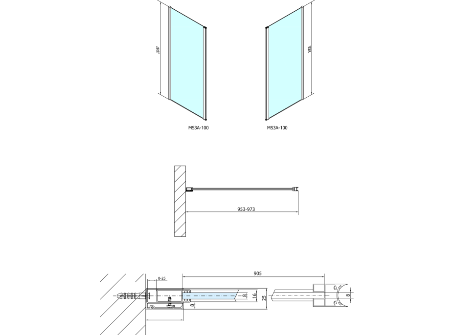 Polysan MODULAR SHOWER stena na inštaláciu na stenu, pre pripojenie otočného panelu, 1000 mm MS3A-100