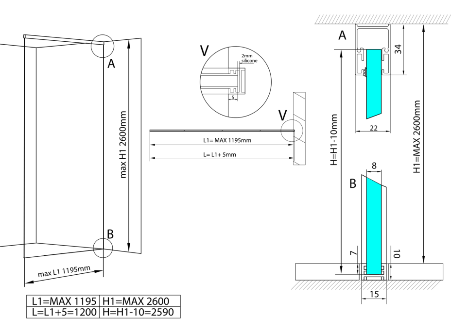 Polysan ARCHITEX LINE sada na uchytenie skla, podlaha-stena-strop, max. š. 1200mm, leštený hliník AL2812