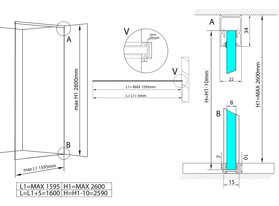 Polysan ARCHITEX LINE sada na uchytenie skla, podlaha-stena-strop, max. š. 1600mm, čierna mat AXL2816B