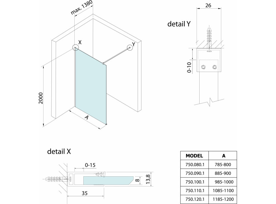 Bruckner SPITZA sprchová zástena WALK-IN, 900mm 750.090.1