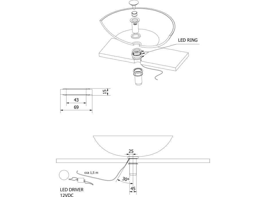 Sapho LEDRING osvetlenie pod sklenené umývadlo 12V, 1, 2W, 5000-5500K WP94051LED