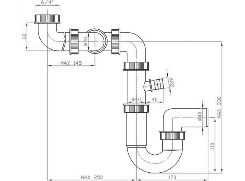 Bruckner Drezový sifón s odbočkou 6/4", výškovo a dĺžkovo nastaviteľný, DN40, biela 155.132.0