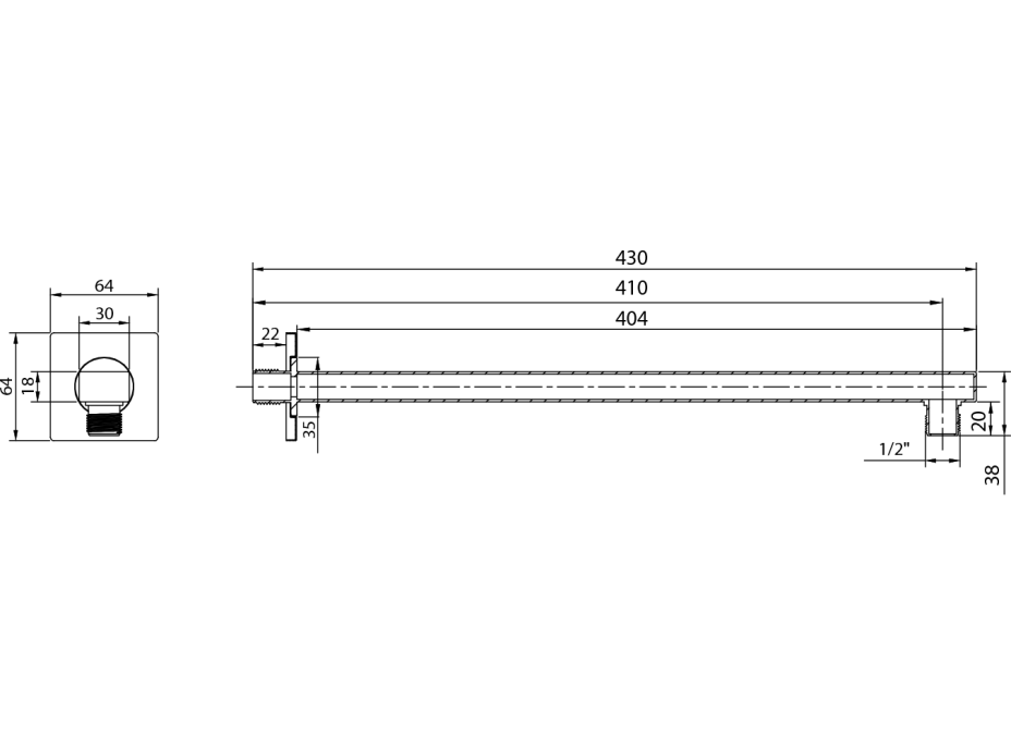 Aqualine Sprchové ramienko hranaté nízke, 404mm, chróm TQ043