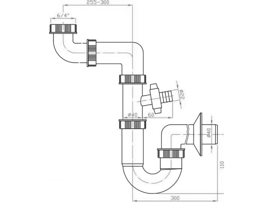 Bruckner Drezový sifón šetriaci miesto s odbočkou 6/4", DN40, biela 155.125.0