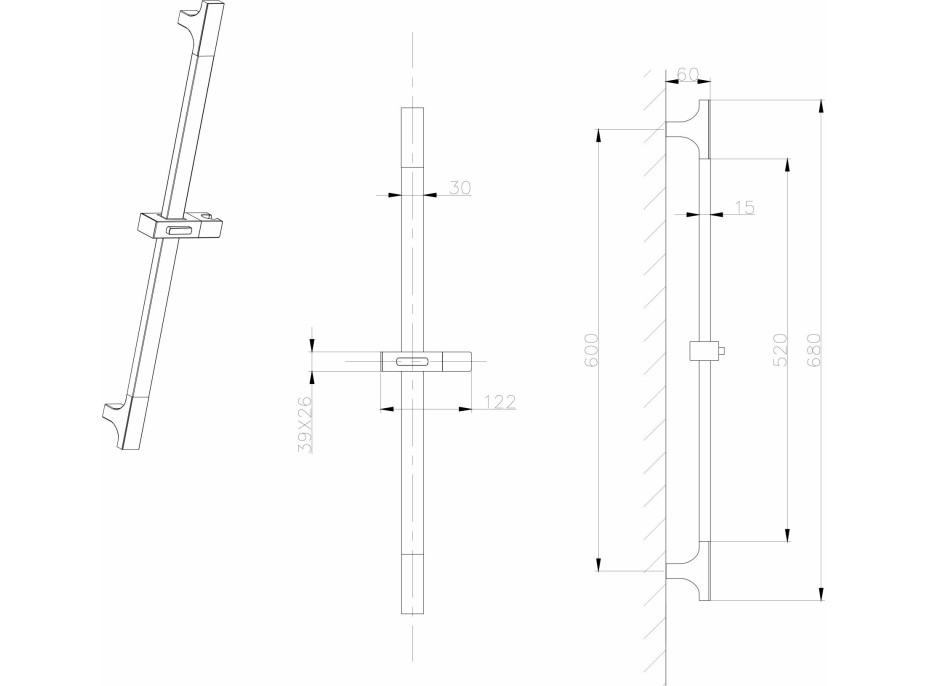 Sapho Sprchová tyč, posuvný držiak, 680mm, ABS / zlato mat 1206-07GB