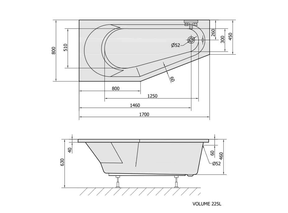 Polysan TIGRA L asymetrická vaňa 170x80x46cm, biela mat 90111.11