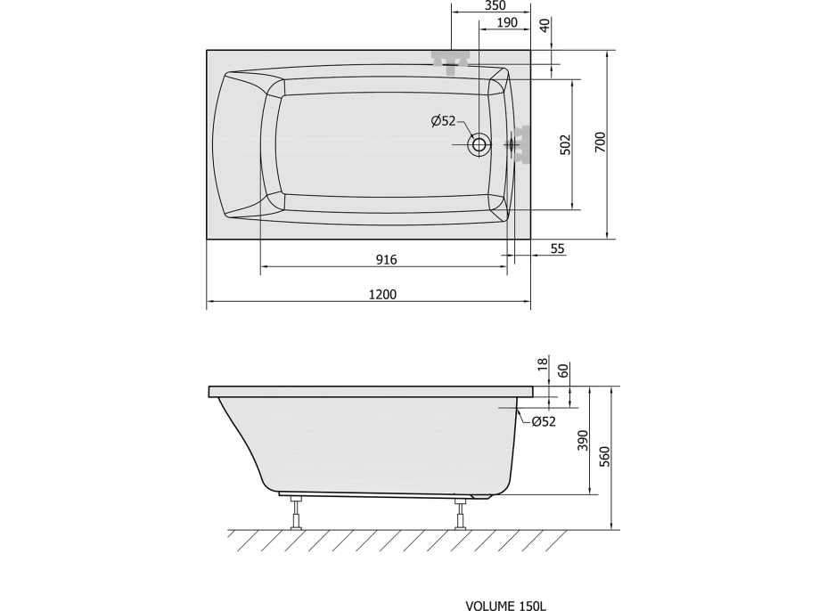 Polysan LILY SLIM obdĺžniková vaňa 120x70x39cm, biela 25111S